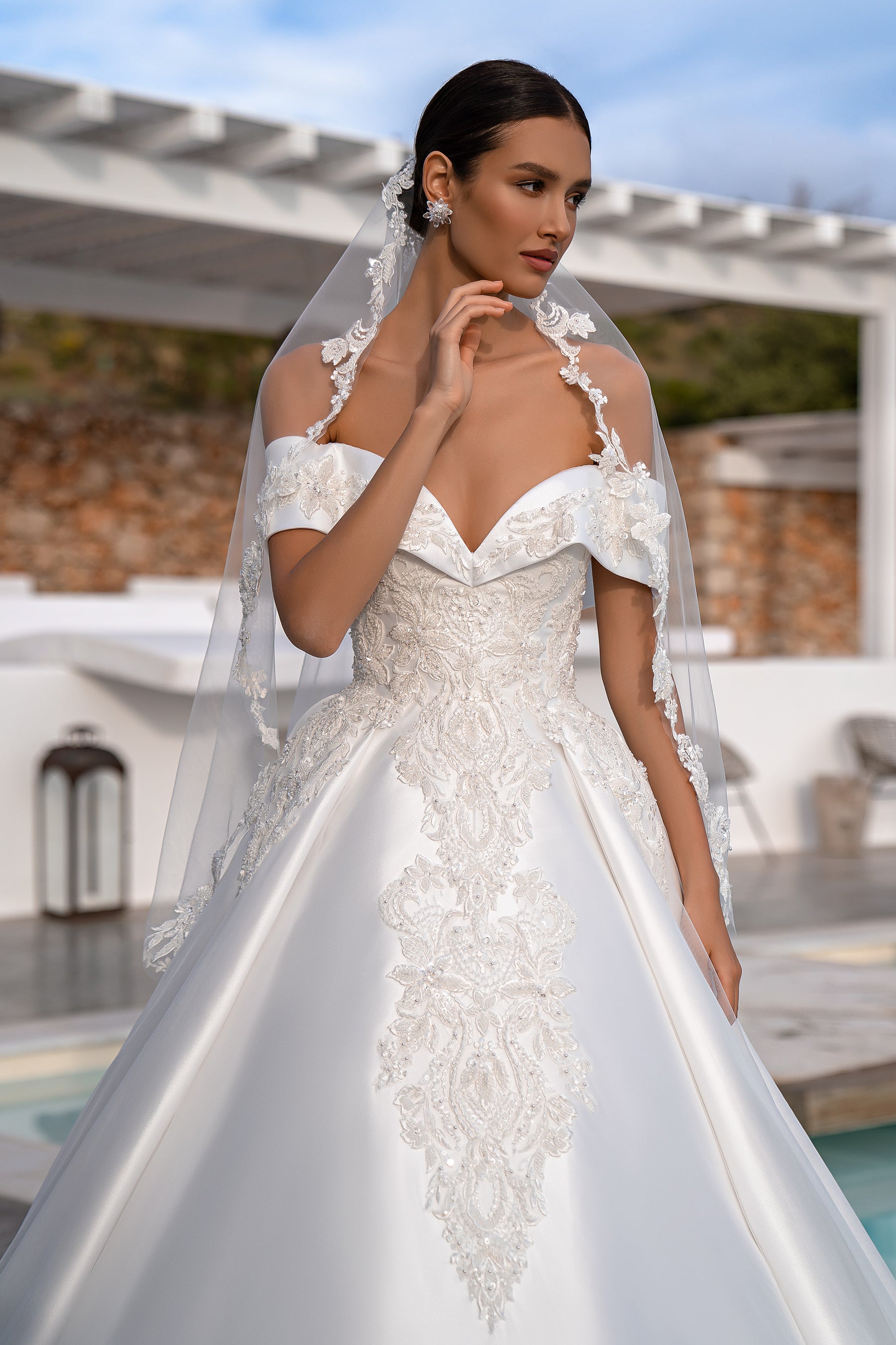 Princess Wedding Dress with Detachable Top, Guipure Collar, Soft Fabric Skirt & Long Train Embellished with Beads, Pearls, Crystals & Sequins
