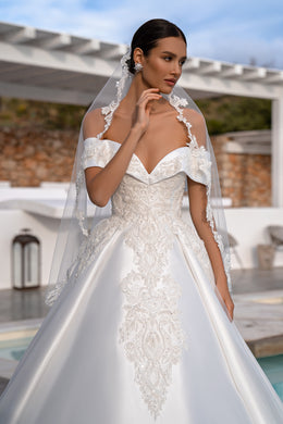 Princess Wedding Dress with Detachable Top, Guipure Collar, Soft Fabric Skirt & Long Train Embellished with Beads, Pearls, Crystals & Sequins