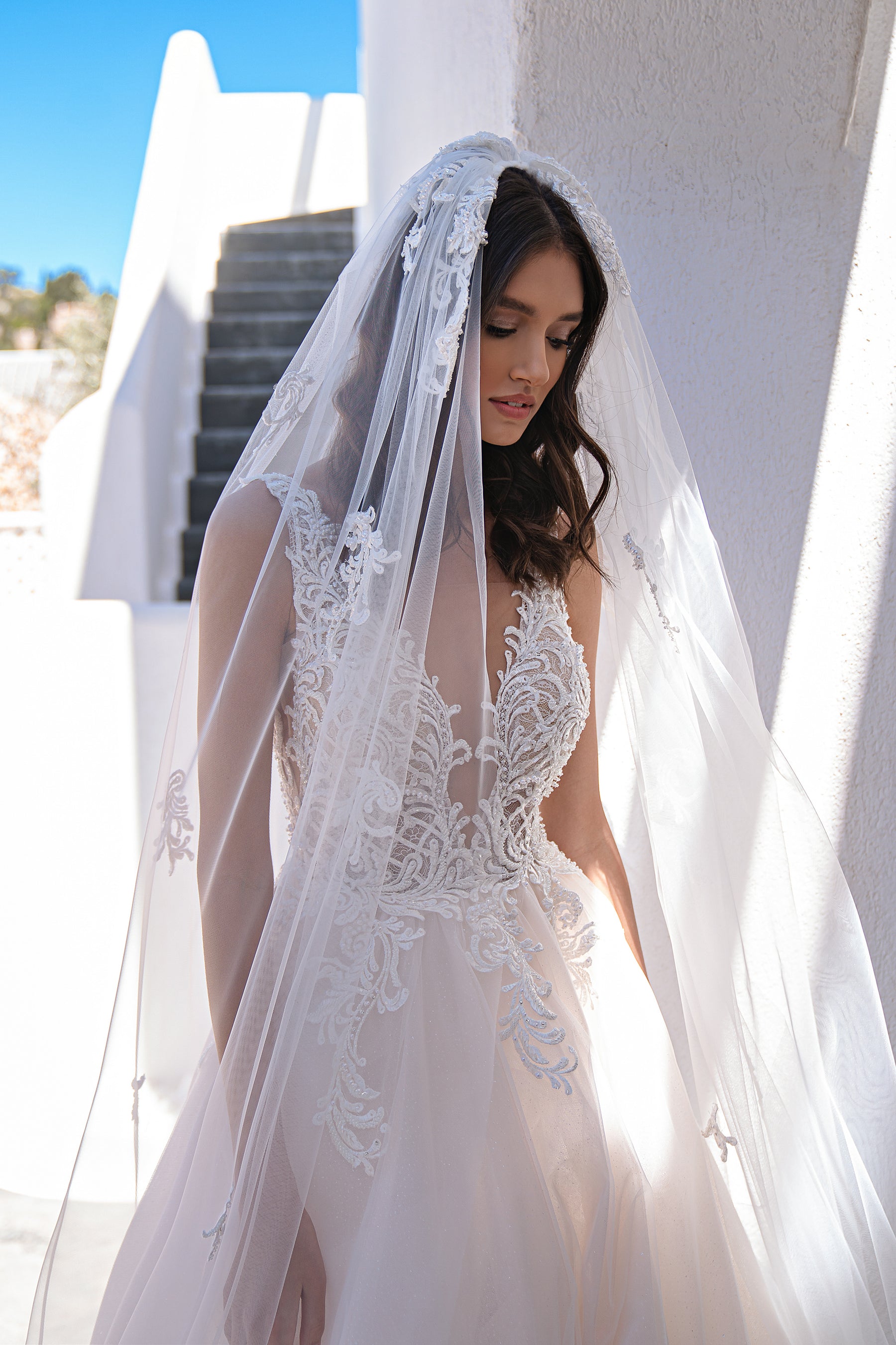Blush Tulle A-Line Wedding Dress with Plunging V-Neck and Shoulder Bows
