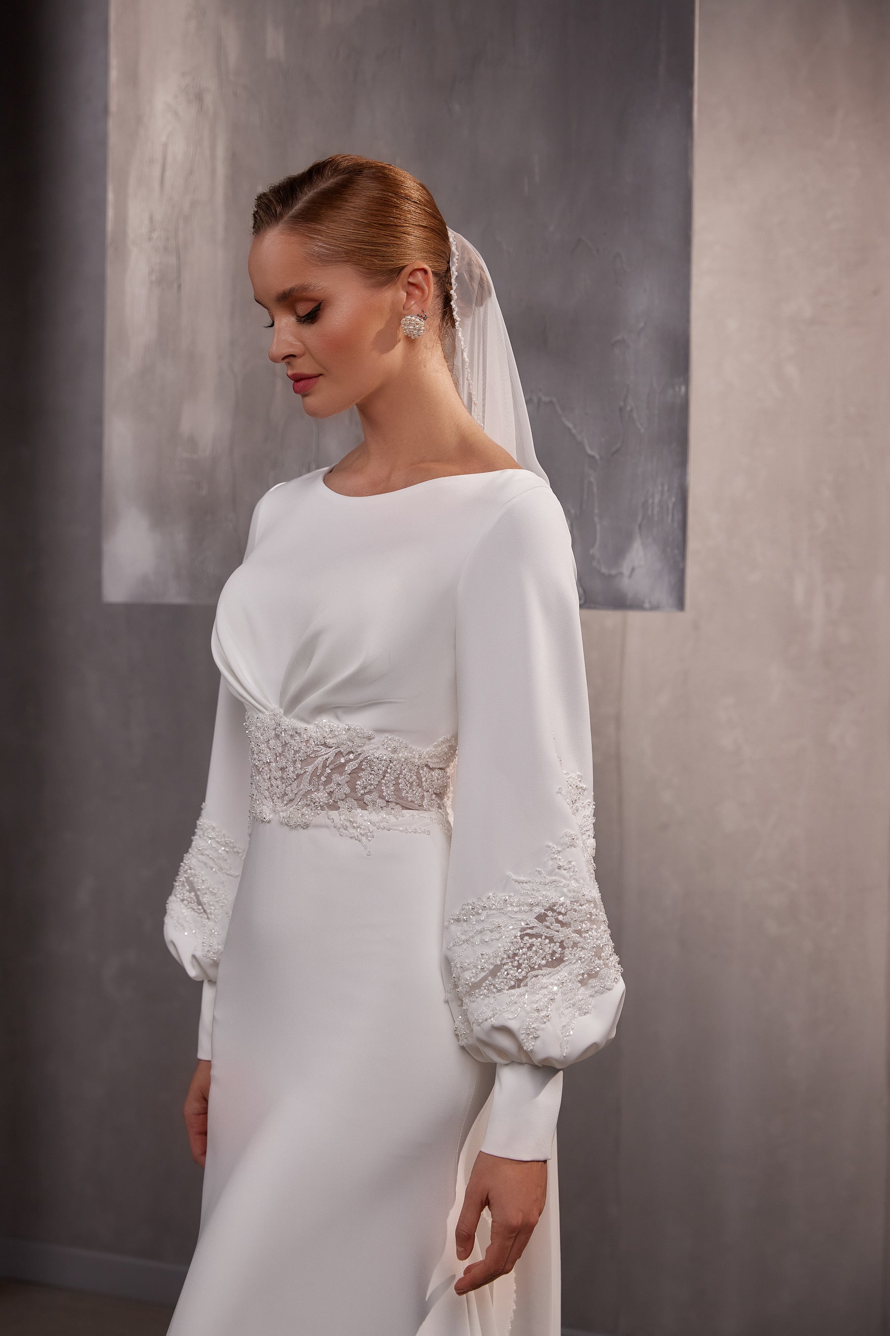 Crepe Mermaid Wedding Dress with Bishop Sleeves