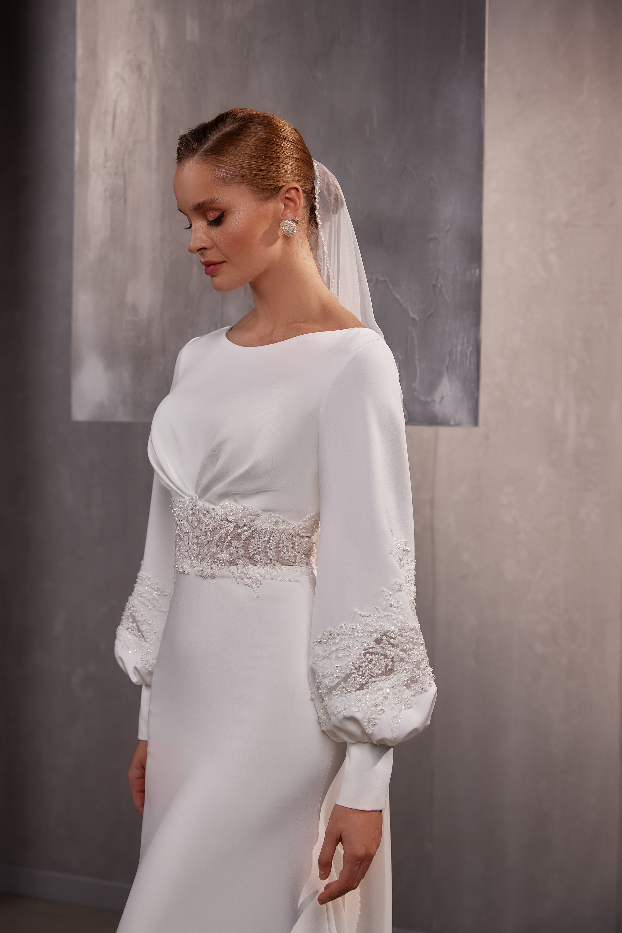 Crepe Mermaid Wedding Dress with Bishop Sleeves
