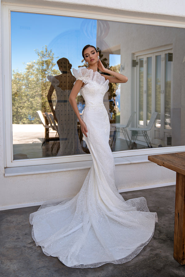 Mermaid Wedding Dress with Asymmetrical Guipure, Detachable Train, Lace Embroidery, Sequins, Ruffle, and Beads