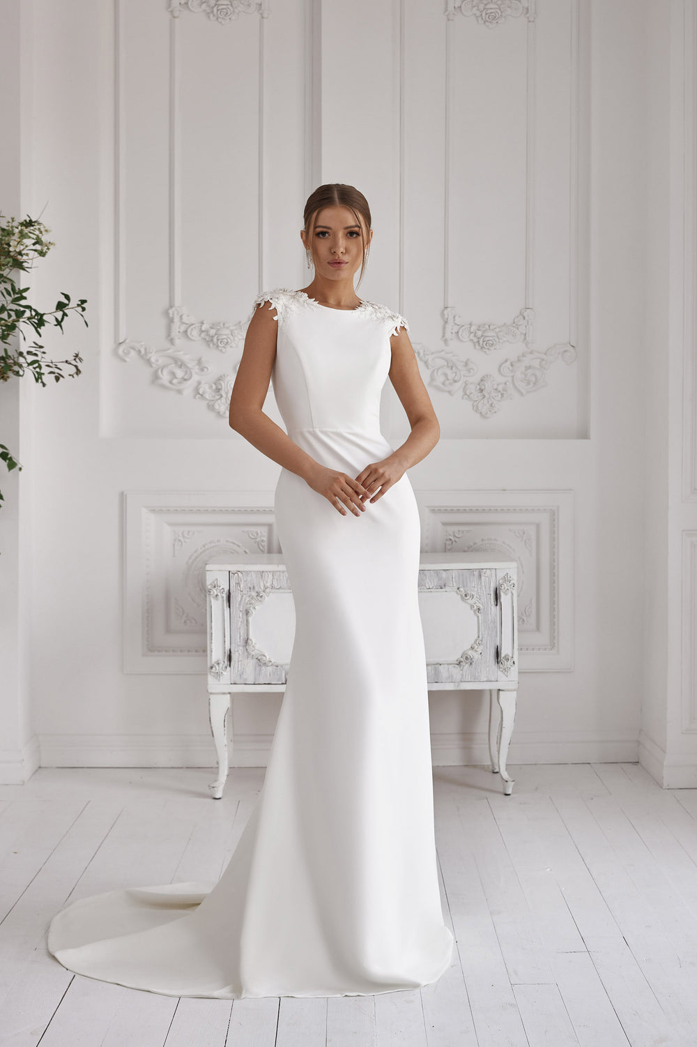 Sheath Wedding Dress With Lace Appliqués, Cap Sleeves, Crepe Fabric, Elegant Minimalist Silhouette, Chapel Train