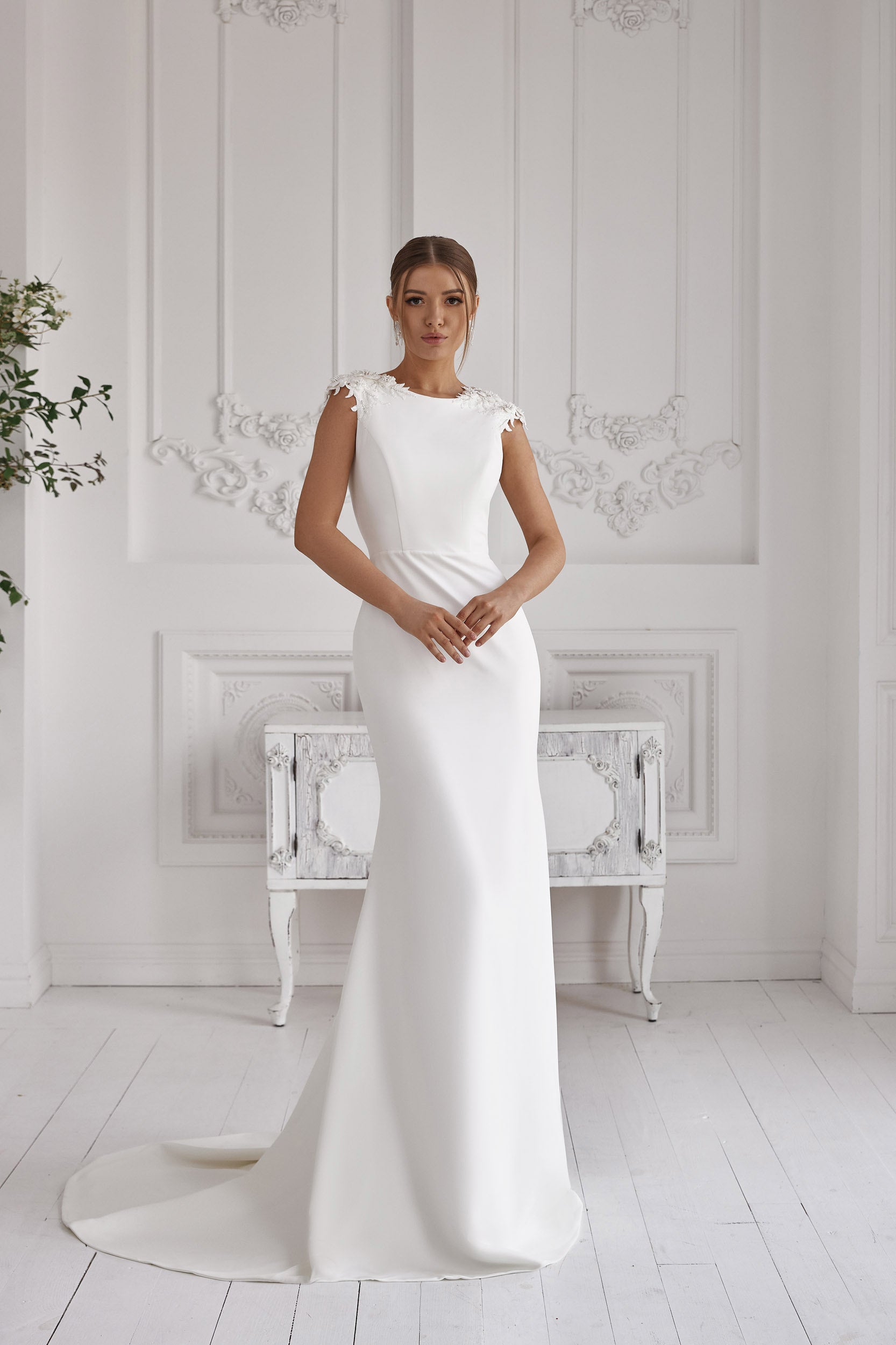 Crepe Sheath Wedding Dress with Pearl V-Back