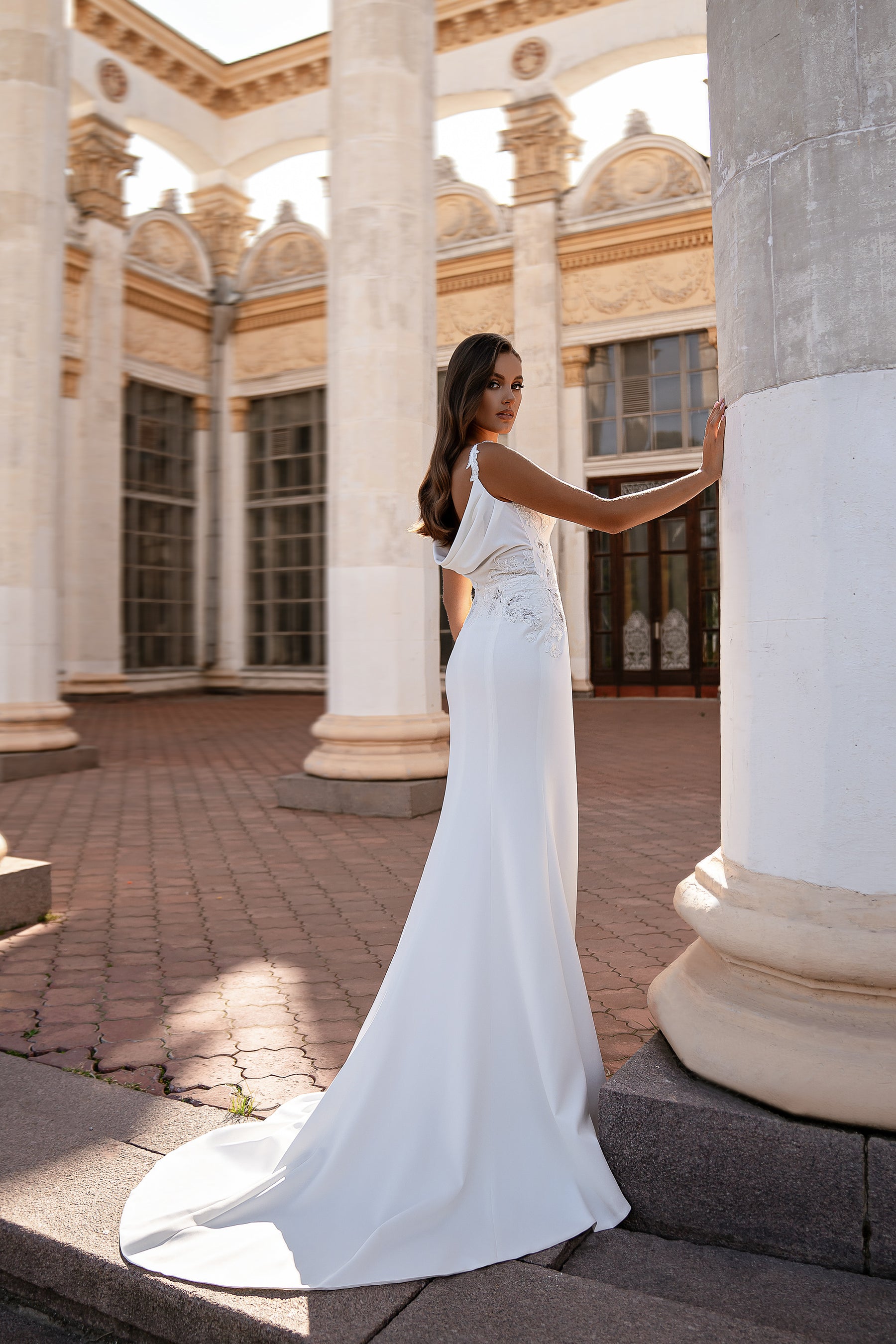 Sheath Wedding Dress with V-Neck and Draped Open Back