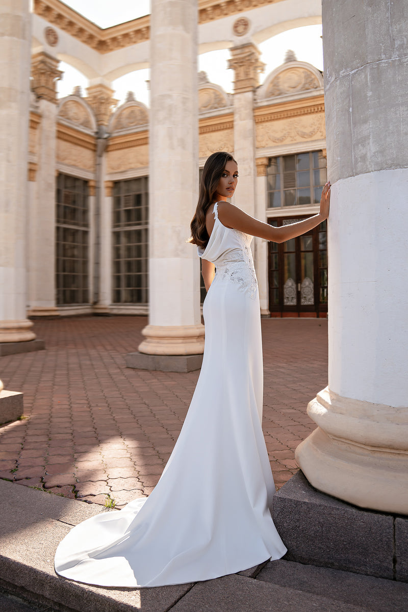 Sheath Wedding Dress with V-Neck and Draped Open Back