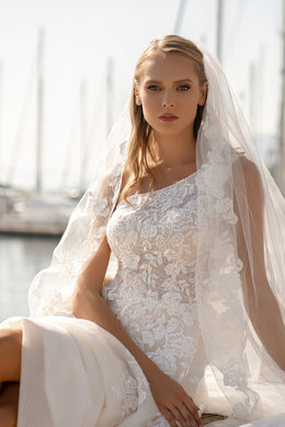 Romantic One-Shoulder Wedding Dress with Embroidered Guipure, Sequins, and Floral Lace Appliqués