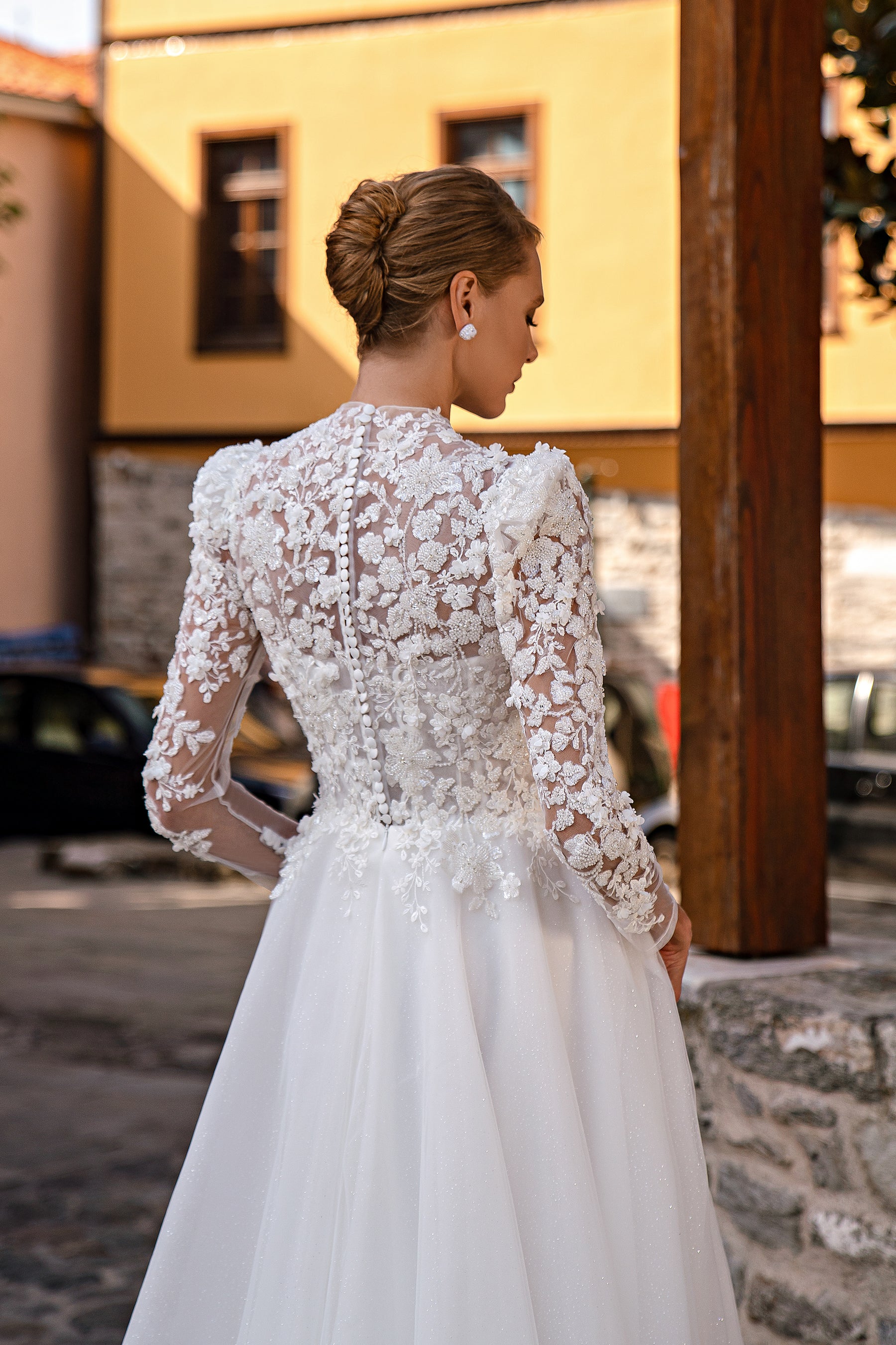 Romantic Wedding Dress with Voluminous Buttoned Sleeves and Sparkling Skirt with Train - Embroidered 3D Guipure with Beads, Rhinestones and Sequins