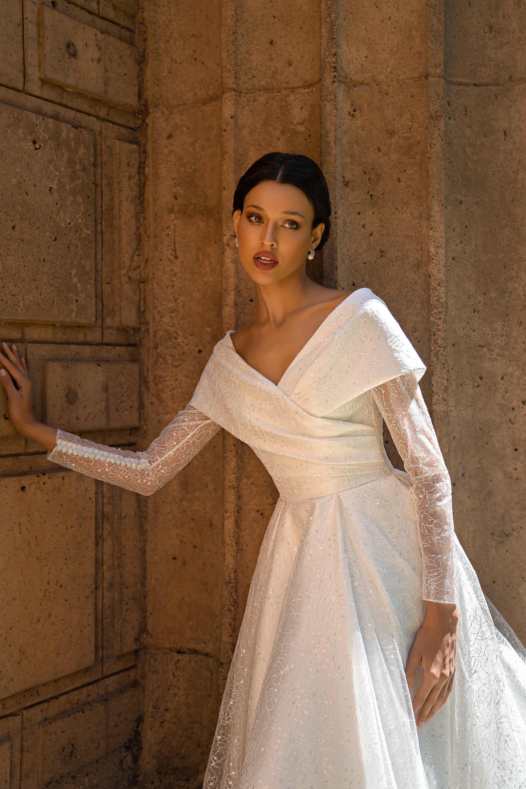 A-Line Wedding Dress with Off-the-Shoulder Neckline and Lace Sleeves