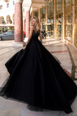 Women's Black Prom Dress with Slit Skirt, Lace and Sequins