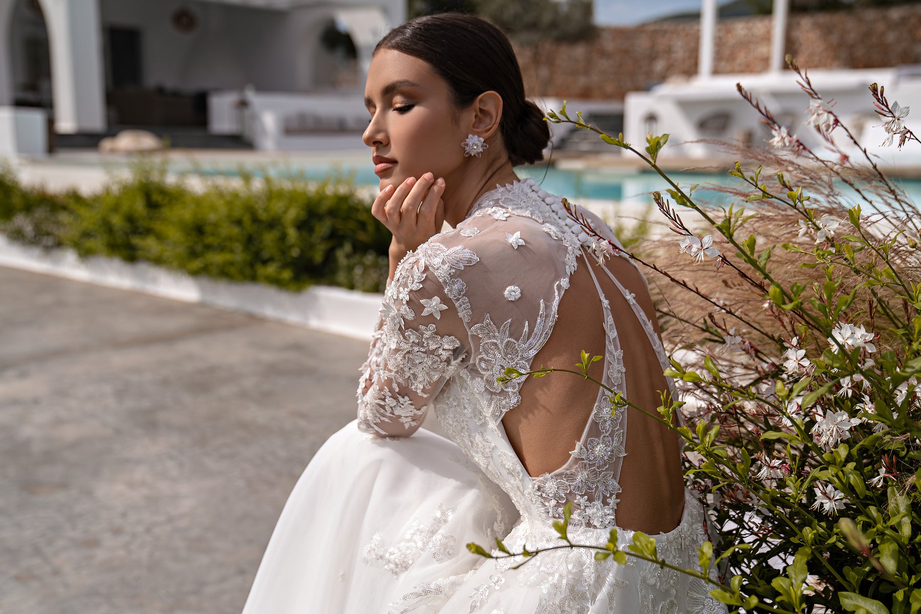 A-Line Wedding Dress with High Neck and Floral Lace