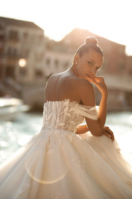 A-Line Off-the-Shoulder Tulle Wedding Gown with Zipper Back and Court Train