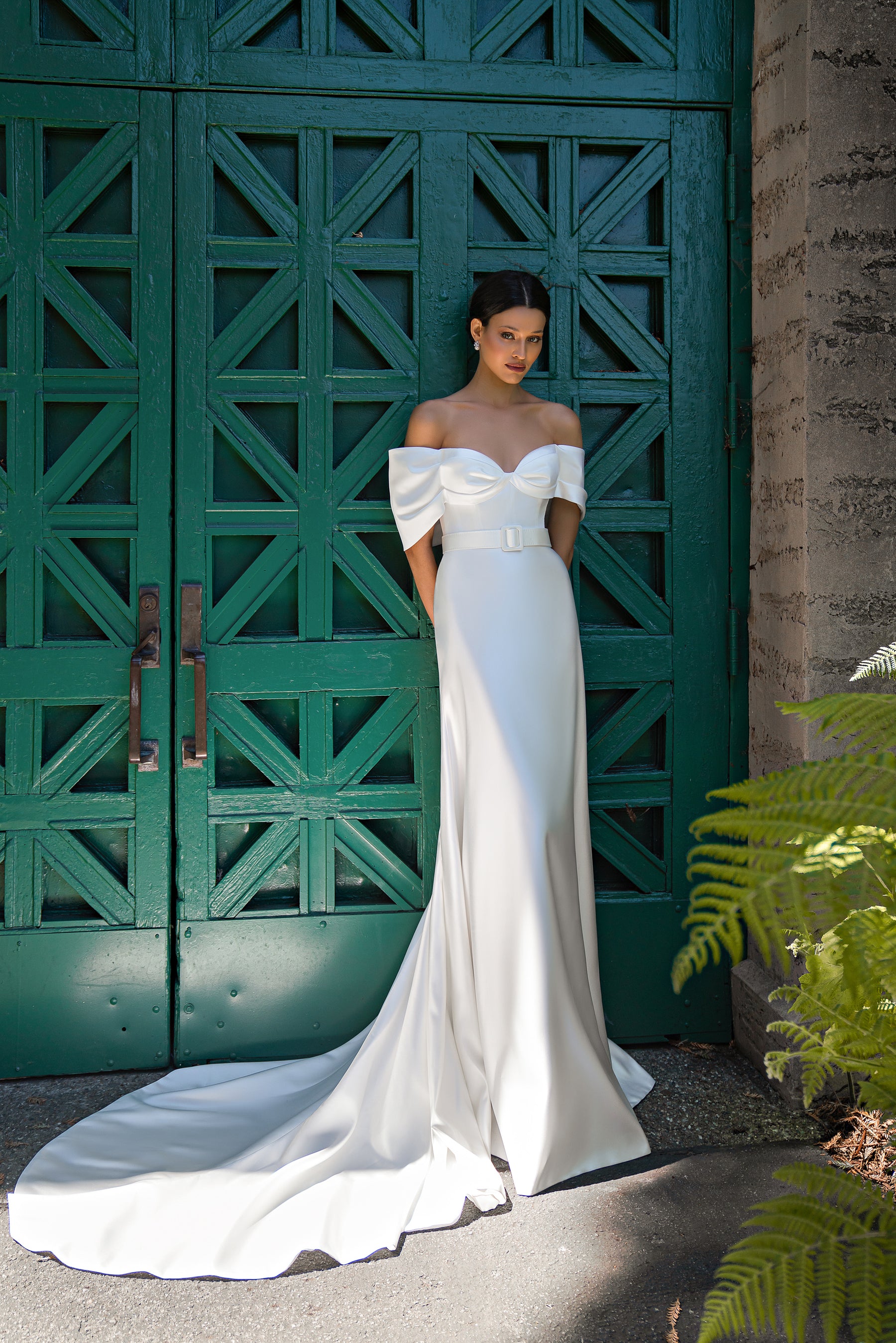 Sheath Wedding Dress with Off-the-Shoulder Bow Neckline