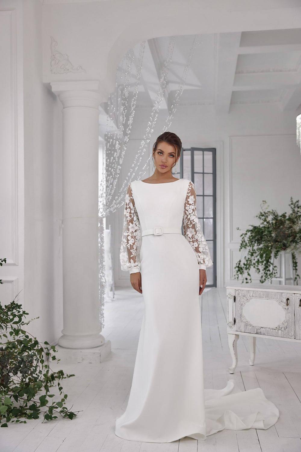 A-Line Satin Gown With Floral Lace Appliqués, Long Lace Sleeves, Illusion Back, Cathedral Train