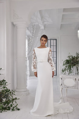 Sheath Wedding Dress with Long Lace Sleeves and Illusion V-Back