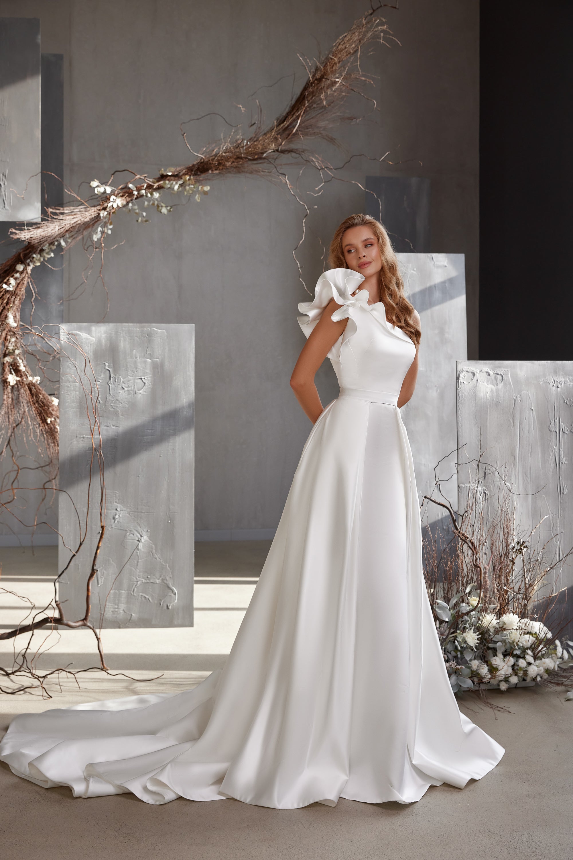 Satin A-Line Wedding Dress with One-Shoulder Ruffle