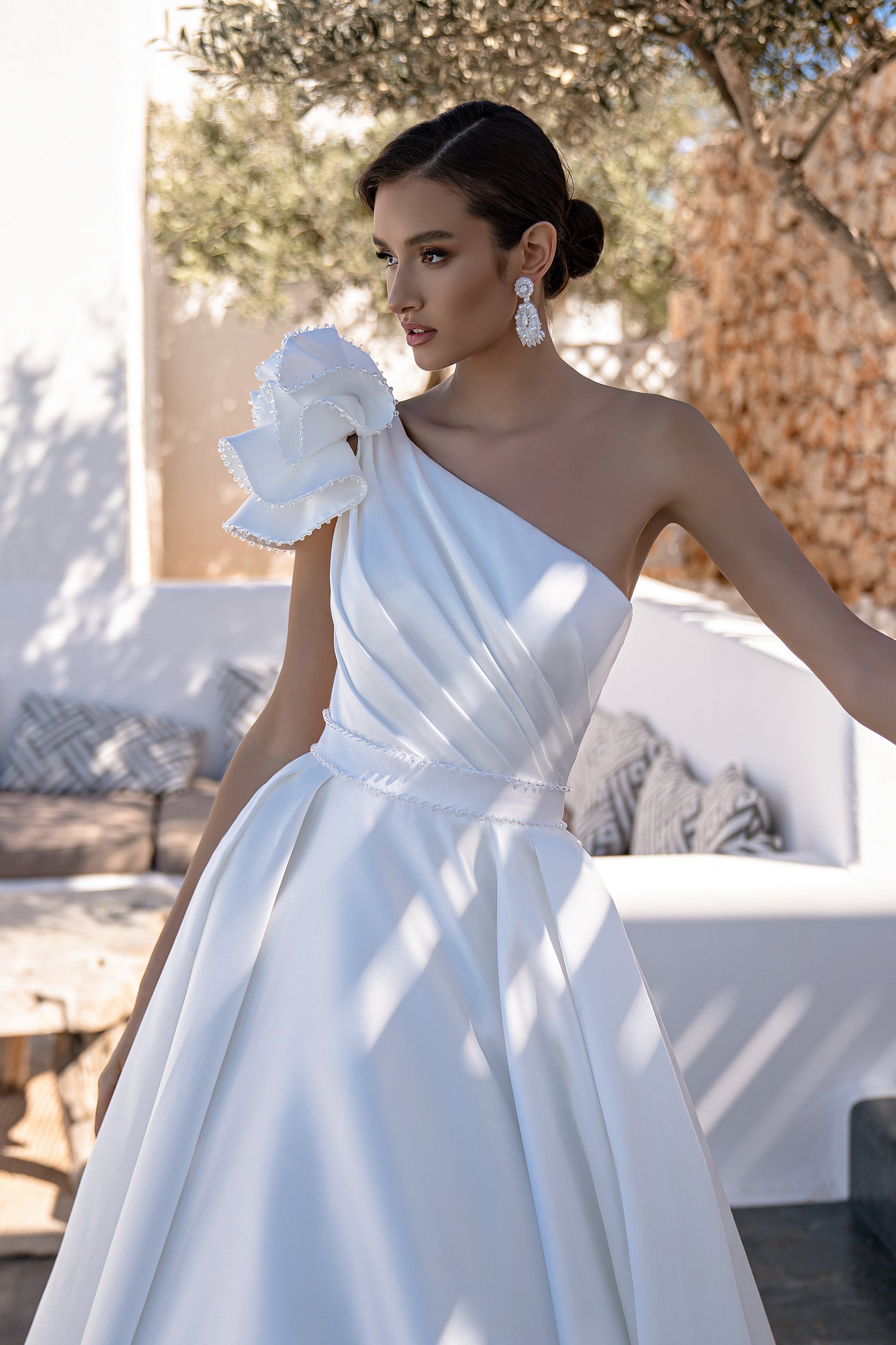 Mikado Wedding Dress with Asymmetric Draped Corset, Detachable Draped Element, Luxurious Skirt with Train, and Hand Embroidered with Crystal