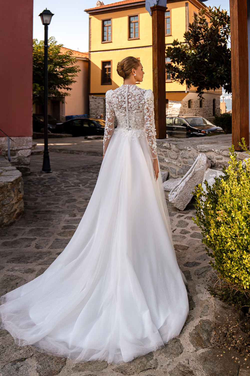 Romantic Wedding Dress with Voluminous Buttoned Sleeves and Sparkling Skirt with Train - Embroidered 3D Guipure with Beads, Rhinestones and Sequins