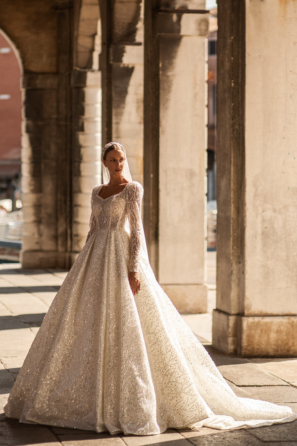 Royal Ballgown Wedding Dress with Sparkle Lace and Long Sleeves - Cathedral Style