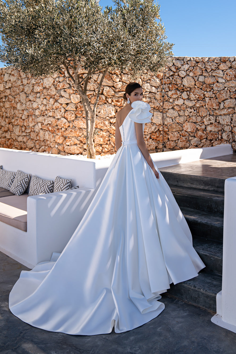 Mikado Wedding Dress with Asymmetric Draped Corset, Detachable Draped Element, Luxurious Skirt with Train, and Hand Embroidered with Crystal