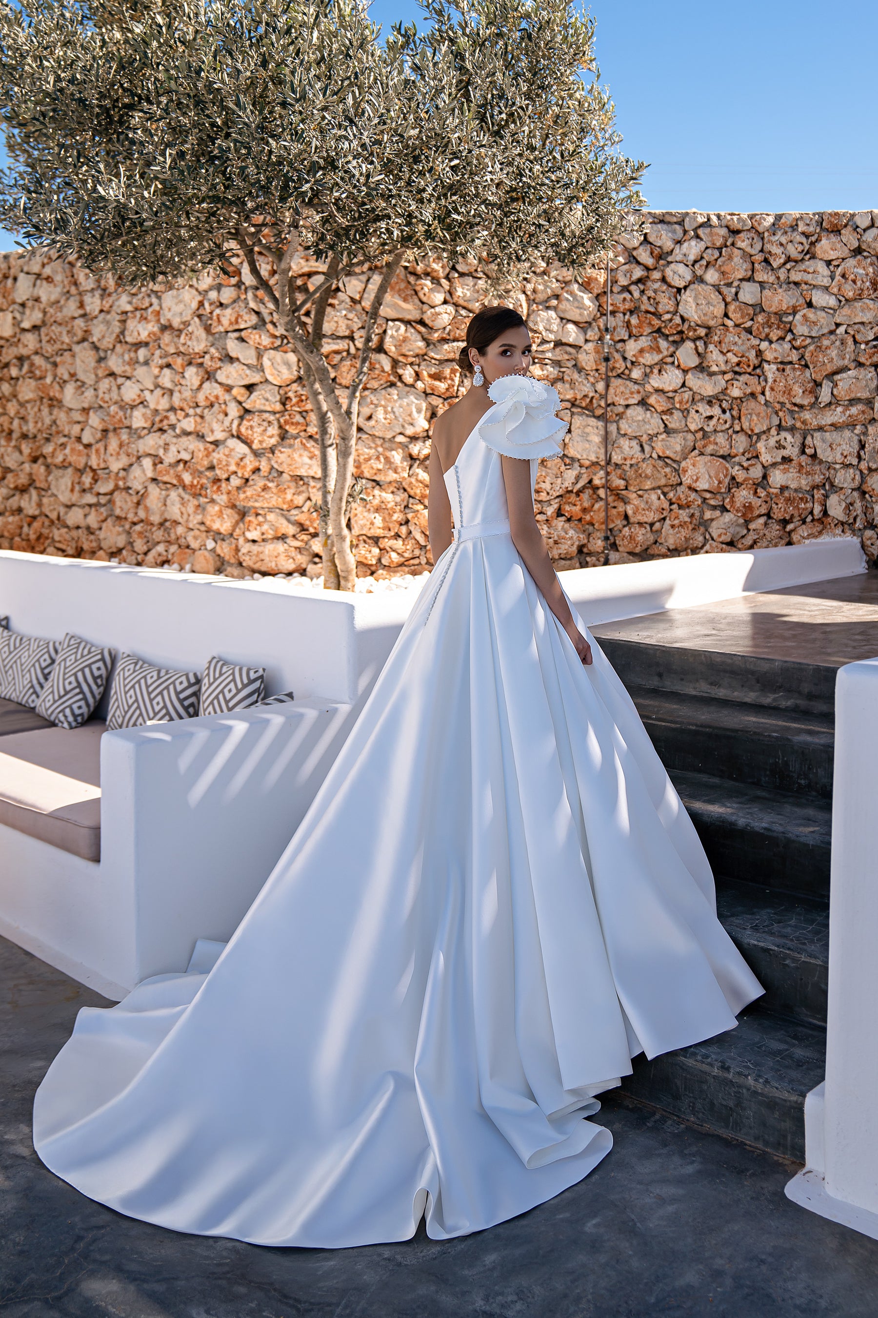 Mikado Wedding Dress with Asymmetric Draped Corset, Detachable Draped Element, Luxurious Skirt with Train, and Hand Embroidered with Crystal