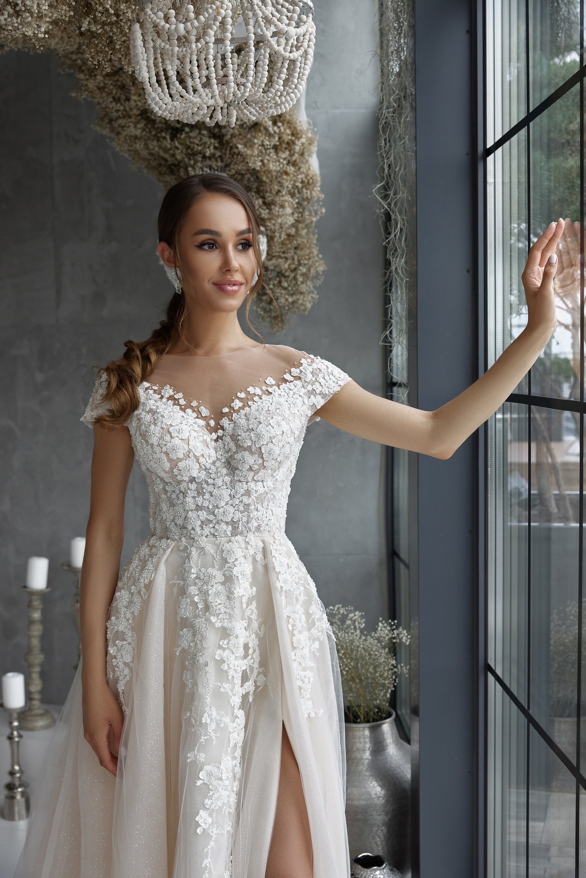 Romantic A-Line Wedding Dress With Lace Appliqués And Beading On Bodice, Off-The-Shoulder Neckline, Tulle Skirt And Cathedral Train