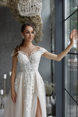 Romantic A-Line Wedding Dress With Lace Appliqués And Beading On Bodice, Off-The-Shoulder Neckline, Tulle Skirt And Cathedral Train