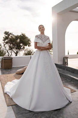 Princess Wedding Dress with Detachable Top, Guipure Collar, Soft Fabric Skirt & Long Train Embellished with Beads, Pearls, Crystals & Sequins