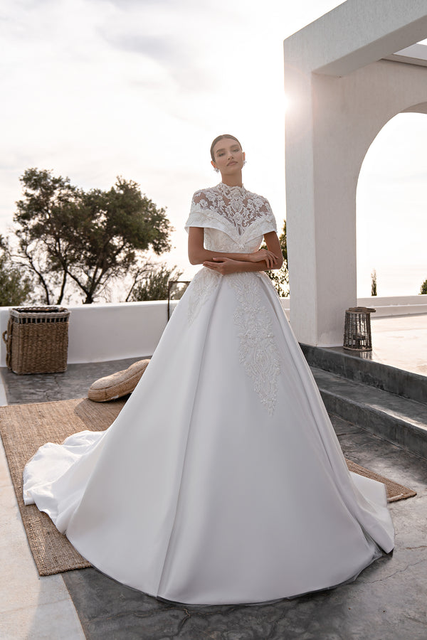 Princess Wedding Dress with Detachable Top, Guipure Collar, Soft Fabric Skirt & Long Train Embellished with Beads, Pearls, Crystals & Sequins