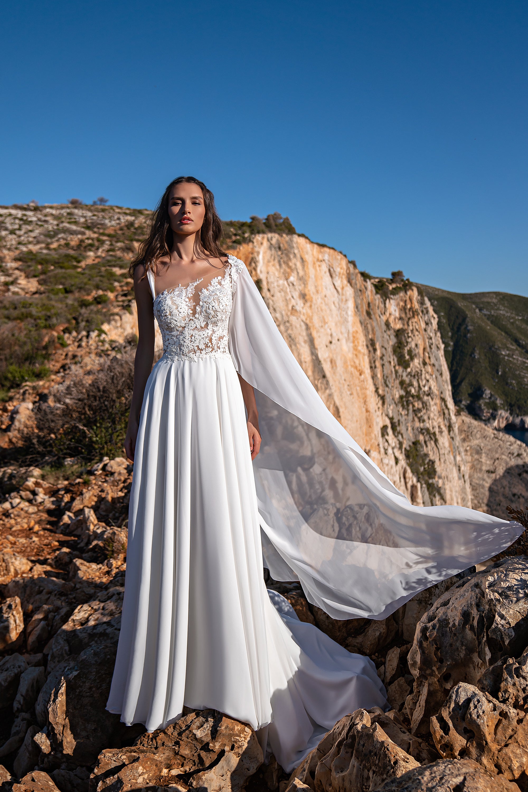Exquisite Wedding Dress with Asymmetrical Corset, Soft Skirt, and Multi-Chiffon Train, Decorated with Floral Chantelle Appliques, Beads, Pearls, and Sequins, with Removable Element