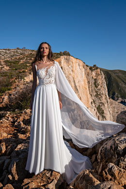 Exquisite Wedding Dress with Asymmetrical Corset, Soft Skirt, and Multi-Chiffon Train, Decorated with Floral Chantelle Appliques, Beads, Pearls, and Sequins, with Removable Element