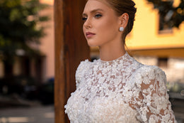 Romantic Wedding Dress with Voluminous Buttoned Sleeves and Sparkling Skirt with Train - Embroidered 3D Guipure with Beads, Rhinestones and Sequins