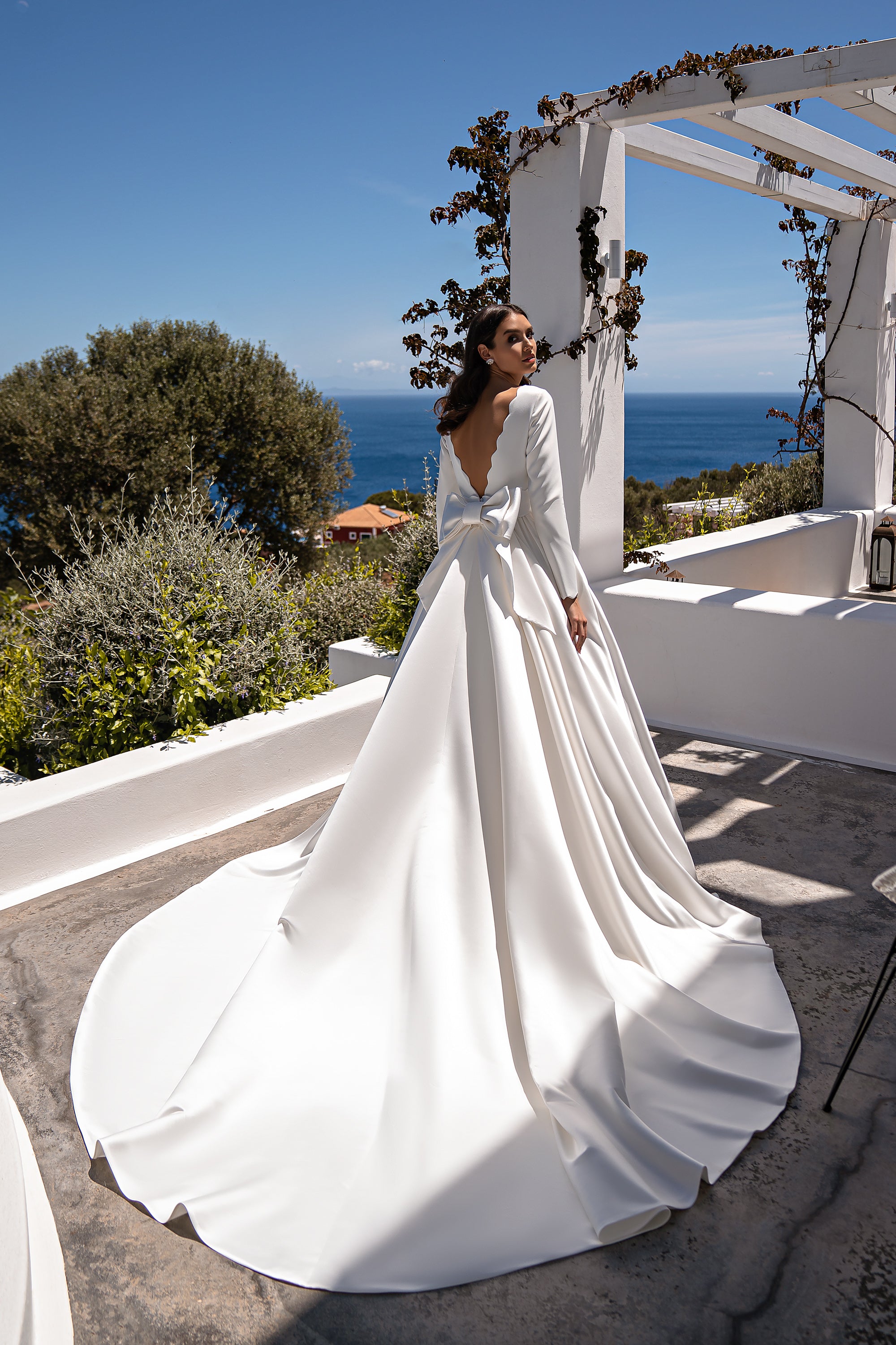 Wedding Dress with Detachable Train, Soft Corset, Long Sleeves, Boat Neckline, V-Shaped Neckline, Detachable Royal Satin Belt, Double Bow, and Pockets