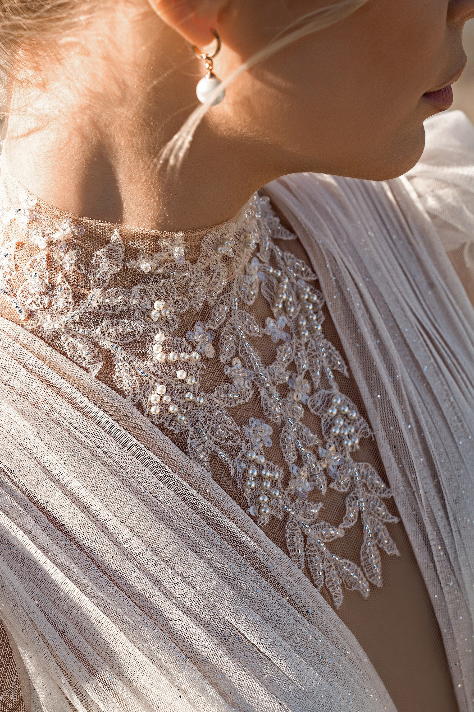 Sparkly A-Line Wedding Dress with High Neck and Long Sleeves