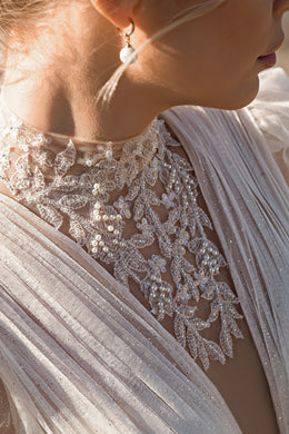 Sparkly A-Line Wedding Dress with High Neck and Long Sleeves