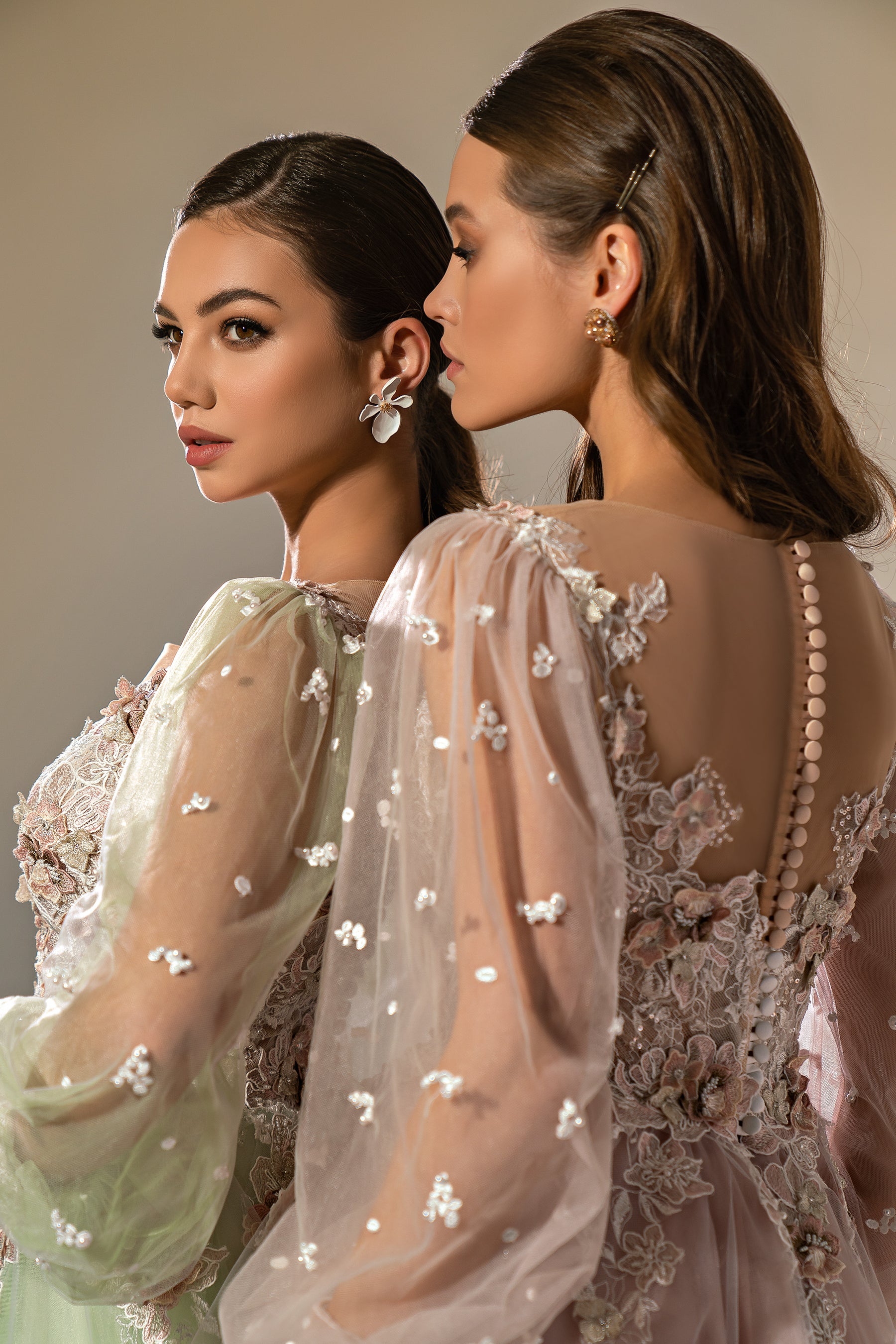 Women's Elegant Evening Dress with Translucent Tulle Fabric, Fluffy Midi Skirt, and Handmade Buttons - Decorated with 3-D Guipure, Beads, Crystals, and Sequins