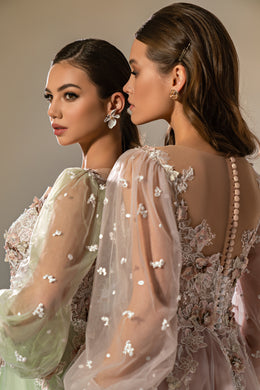 Women's Elegant Evening Dress with Translucent Tulle Fabric, Fluffy Midi Skirt, and Handmade Buttons - Decorated with 3-D Guipure, Beads, Crystals, and Sequins