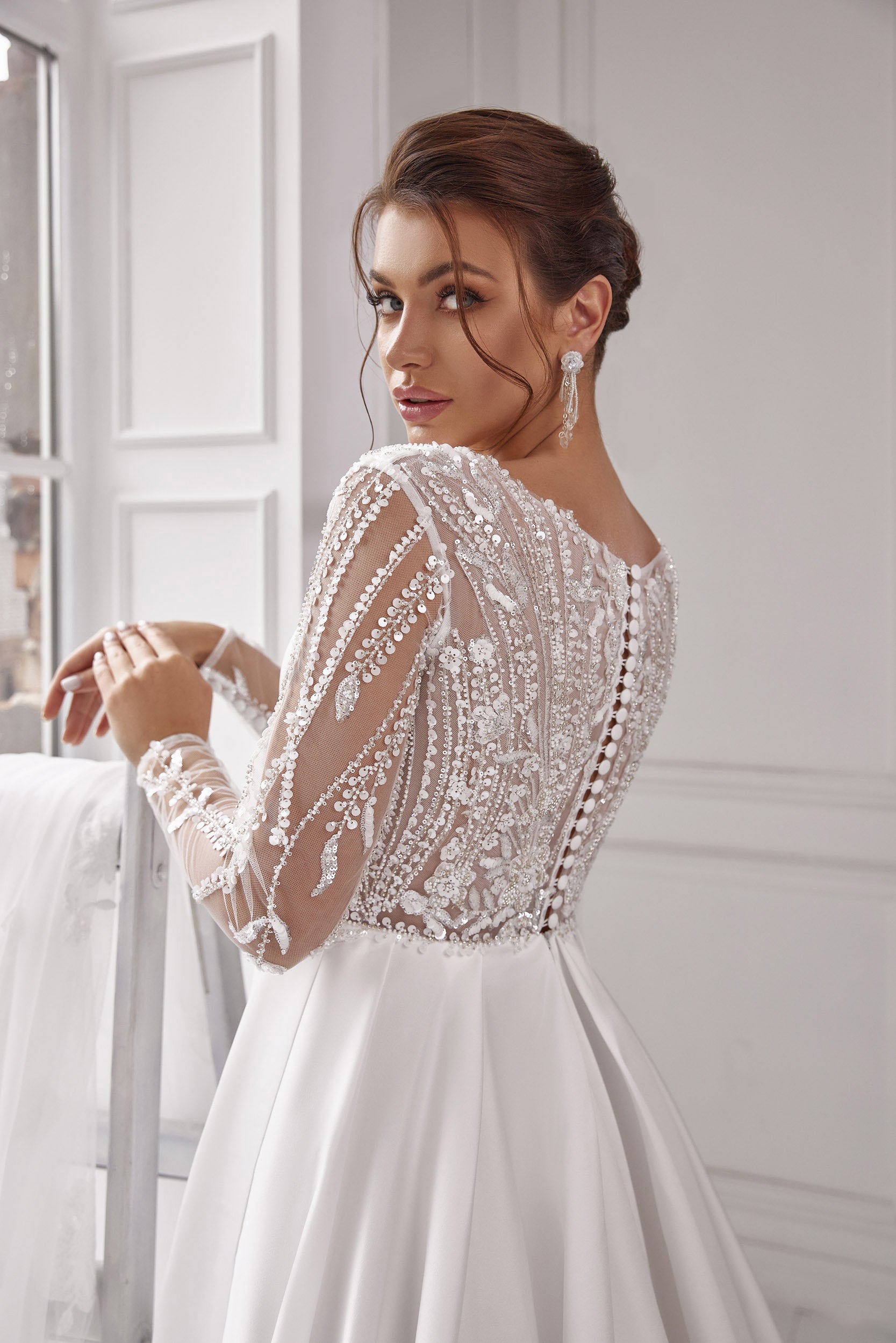 A-Line Wedding Dress with Beaded Illusion Sleeves