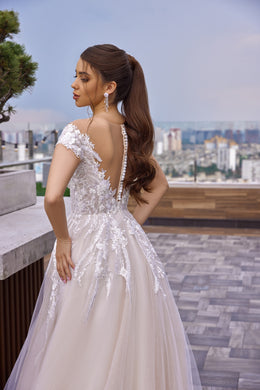 Ball Gown Wedding Dress with Lace Appliqués, Beading and Tulle Overlay, Off-the-Shoulder Neckline, Cap Sleeves, Cathedral Train