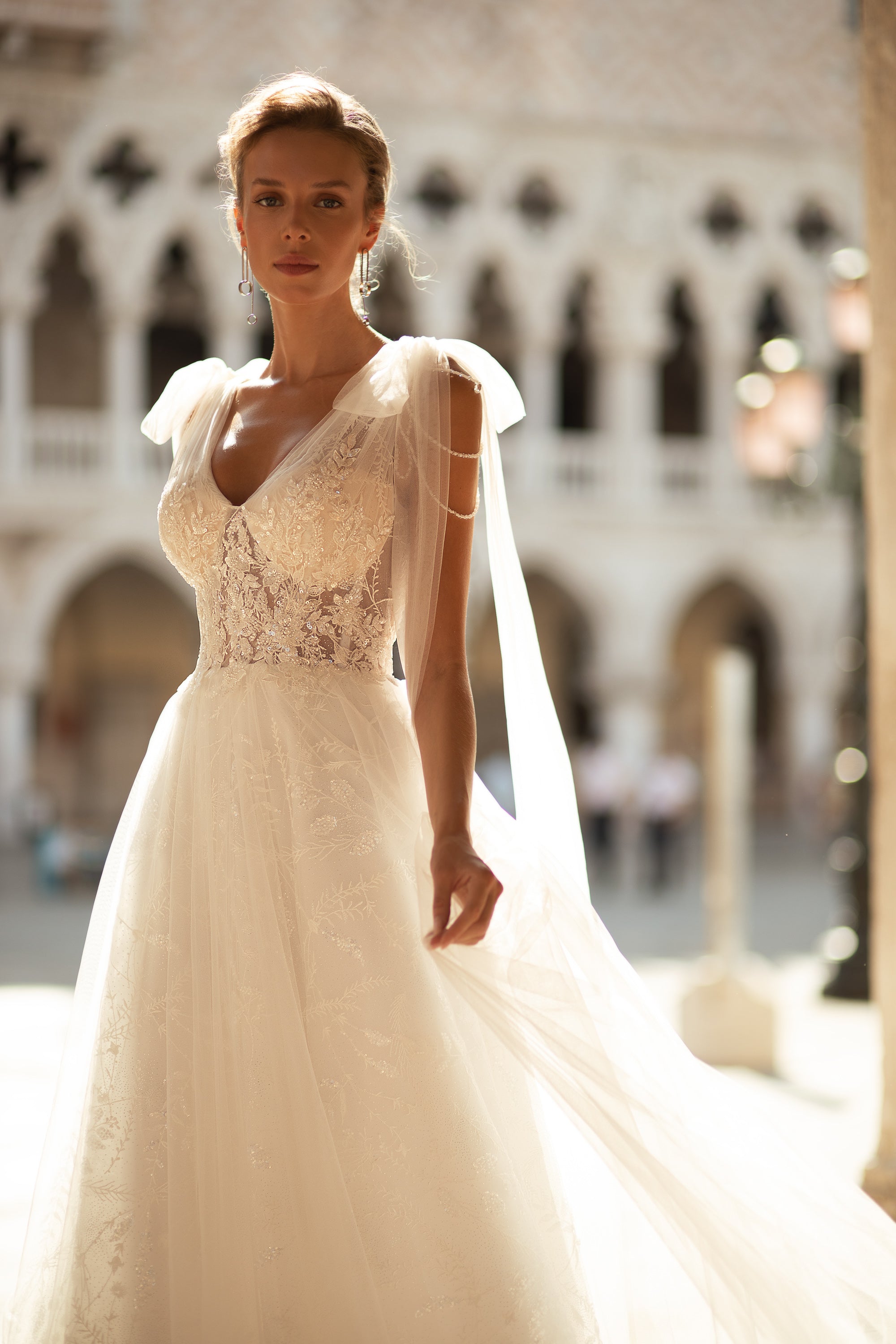 A-Line Bridal Gown with Tulle Fabric, Court Train, Beaded Lace, Decorated Shoulders, Low Back, and Corset Lacing Back