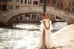 Stunning A-Line Wedding Dress with Slit Skirt, Flower Lace, Off-the-Shoulder, Zipper & Low Back, 3D Lace Top & Transparent Corset