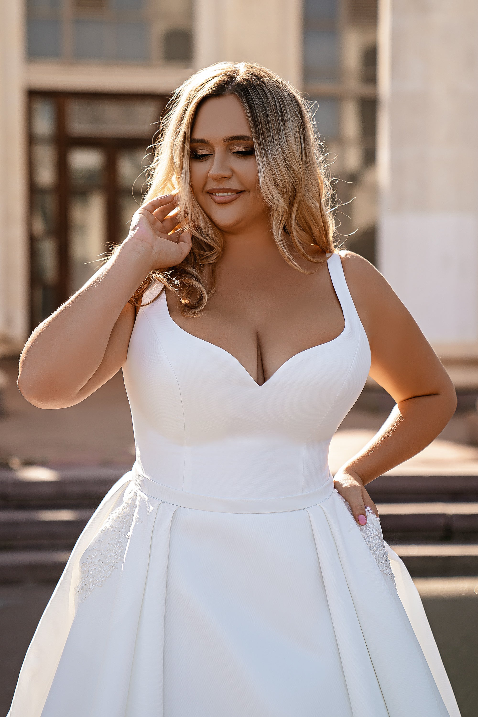 Mikado Ball Gown Wedding Dress with Detachable Lace Bolero and Pockets