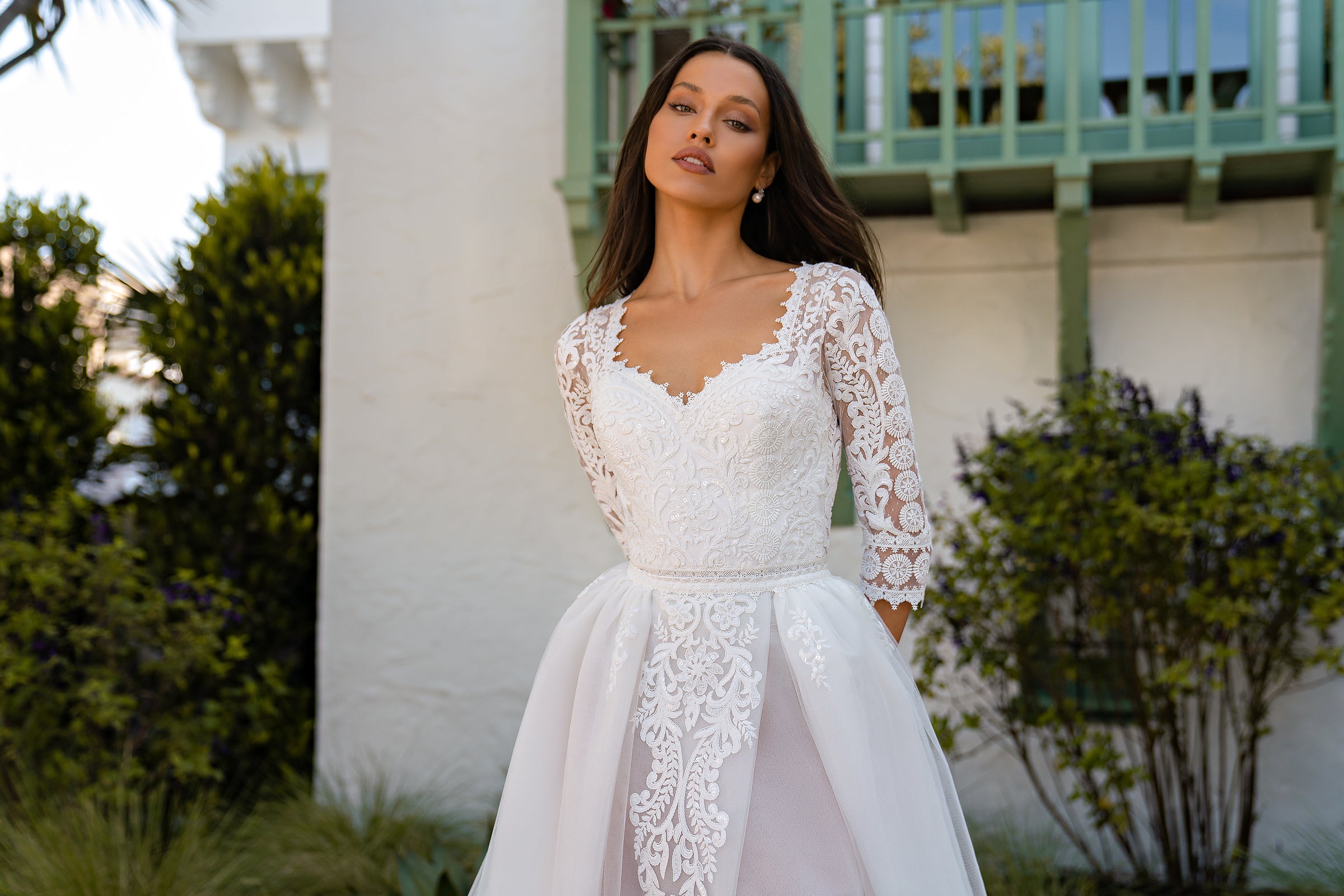 A-Line Wedding Dress with Lace Sleeves and Slit