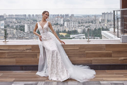 Mermaid V-Neck Lace Dress with Floral Lace Appliques, Sleeveless, Embellished Bodice, Cathedral Train, Romantic Bridal Gown