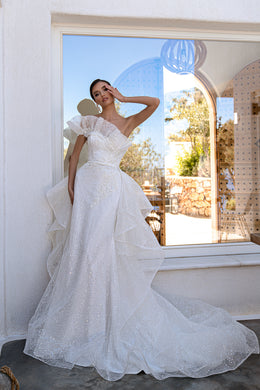 2-in-1 One-Shoulder Lace Mermaid Wedding Dress with Overskirt