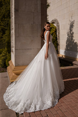 A-Line Wedding Dress with Plunging V-Neck and Floral Lace Appliqués