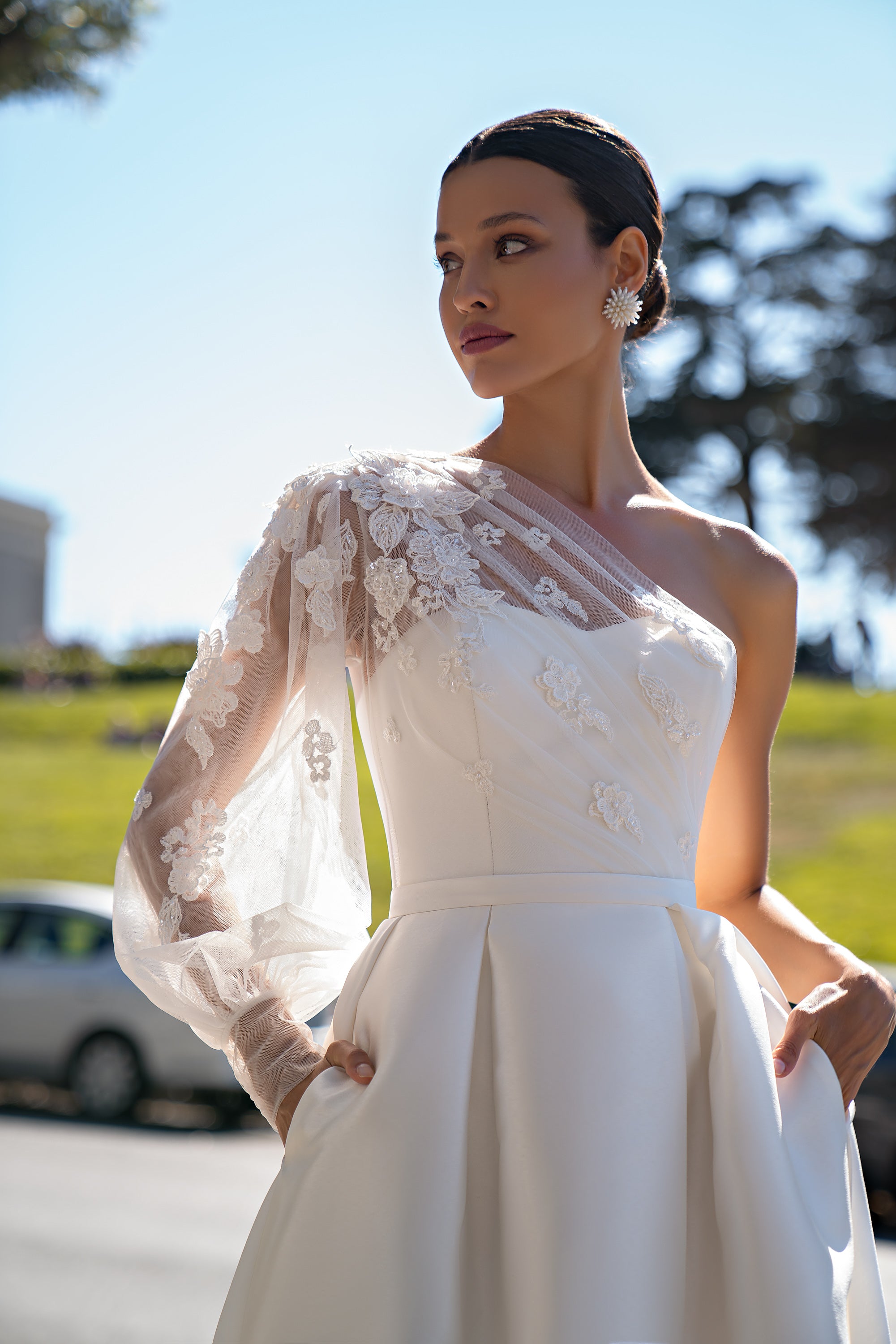 Mikado A-Line Wedding Dress with Detachable Lace Sleeve