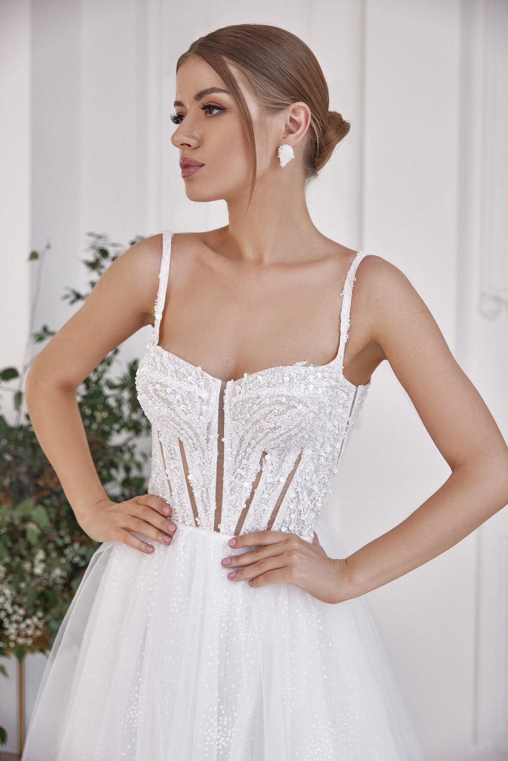 A-Line Wedding Dress, Sweetheart Neckline, Spaghetti Straps, Beaded Lace Bodice, Sparkle Tulle Skirt