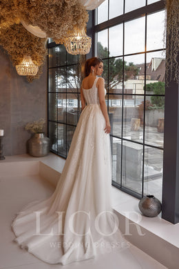 Sheath Wedding Dress, Square Neckline, Sleeveless, Tulle With Beading And Sequins, Embellished Bodice, Sweep Train, Floor-Length, Romantic