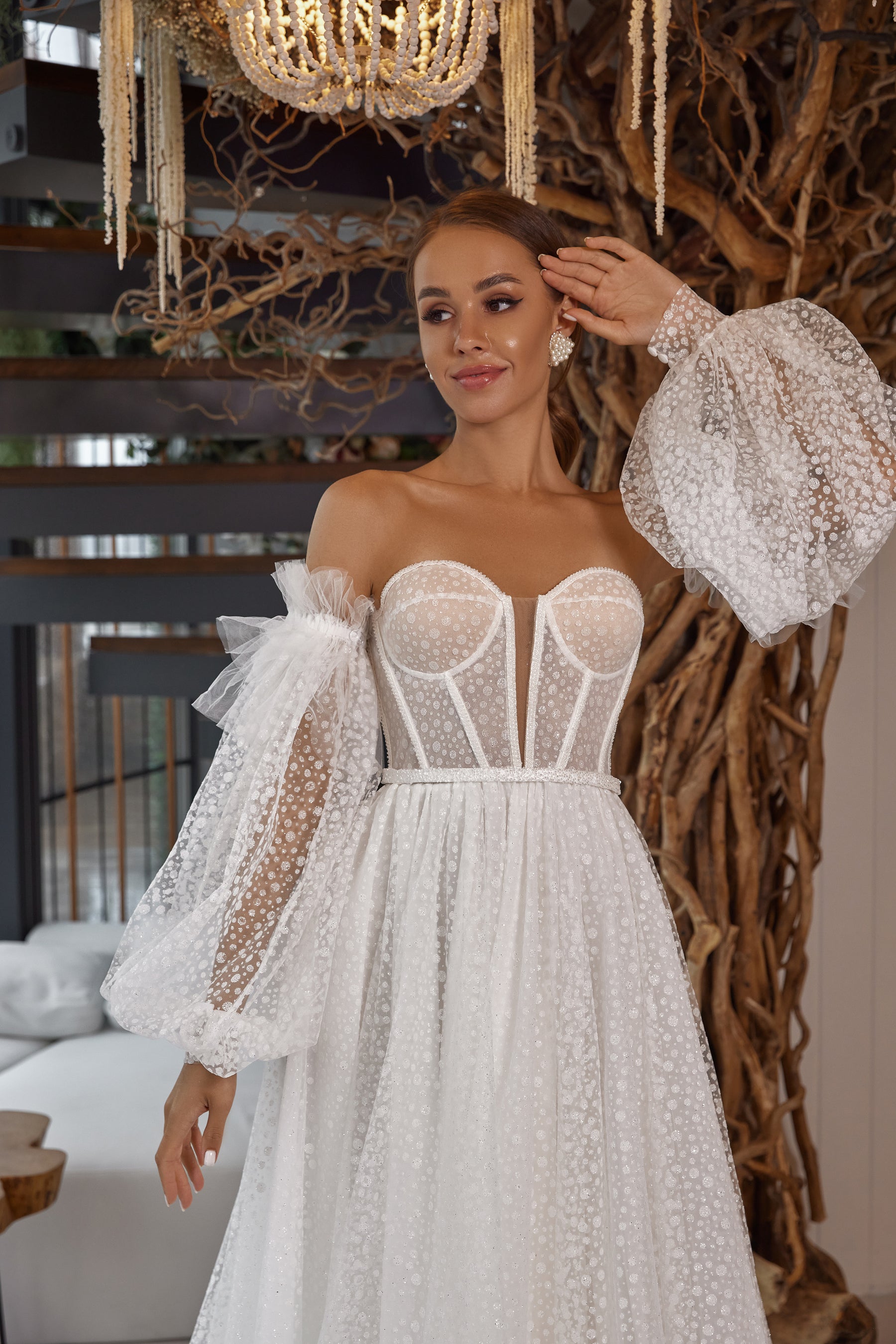 Exquisite A-Line Off-the-Shoulder Wedding Dress With Long Sleeves, Tulle With Lace Appliqués Embroidery, Cathedral Train